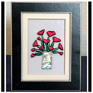 Mini Forever Flowers Red Roses, 4 inch x 5 inch Framed Dichroic Glass Art Panel. Flower Themed Glass Art