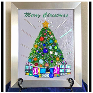 Forever Merry Christmas, 9.5 inch x 11.5 inch framed dichroic glass art panel. Christmas Themed Glass Art
