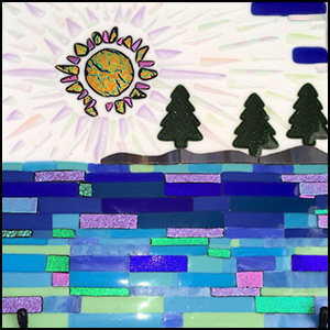 Life Is Imperfect. 12 in x 12 in. Glass Art Panel, Landscape of Lake/Ocean Sunset Theme