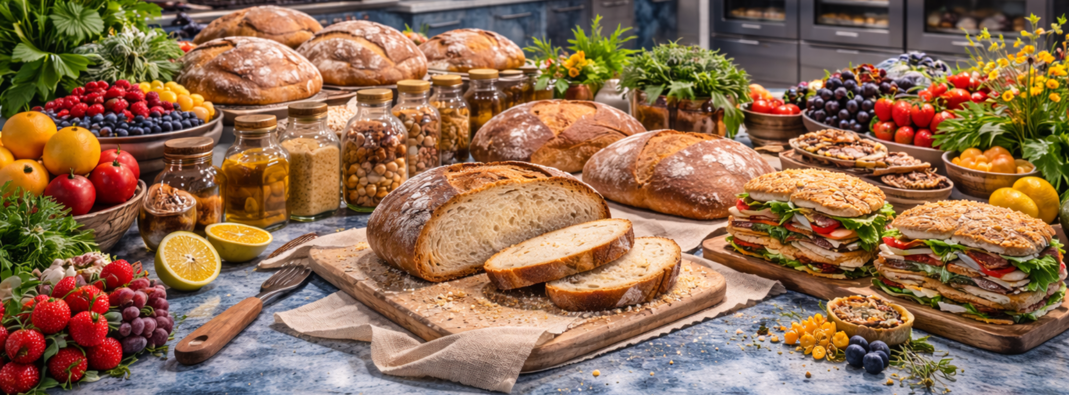 Abundant artisan bakery and deli ingredient spread with fresh breads, gourmet sandwiches, produce, herbs, spices, and colorful seasonal ingredients.
