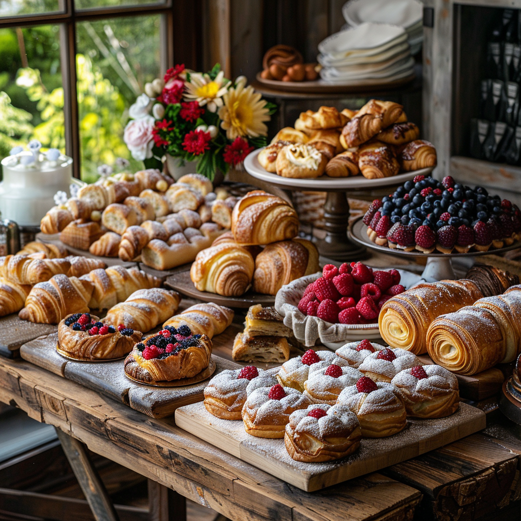 Curated pastry catering assortment with croissants, danishes, and seasonal baked goods