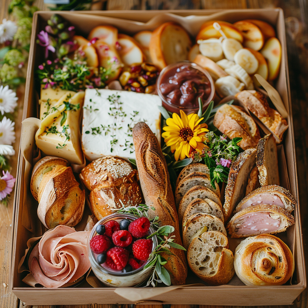 Brunch catering box with pastries, breads, fruit, and seasonal details
