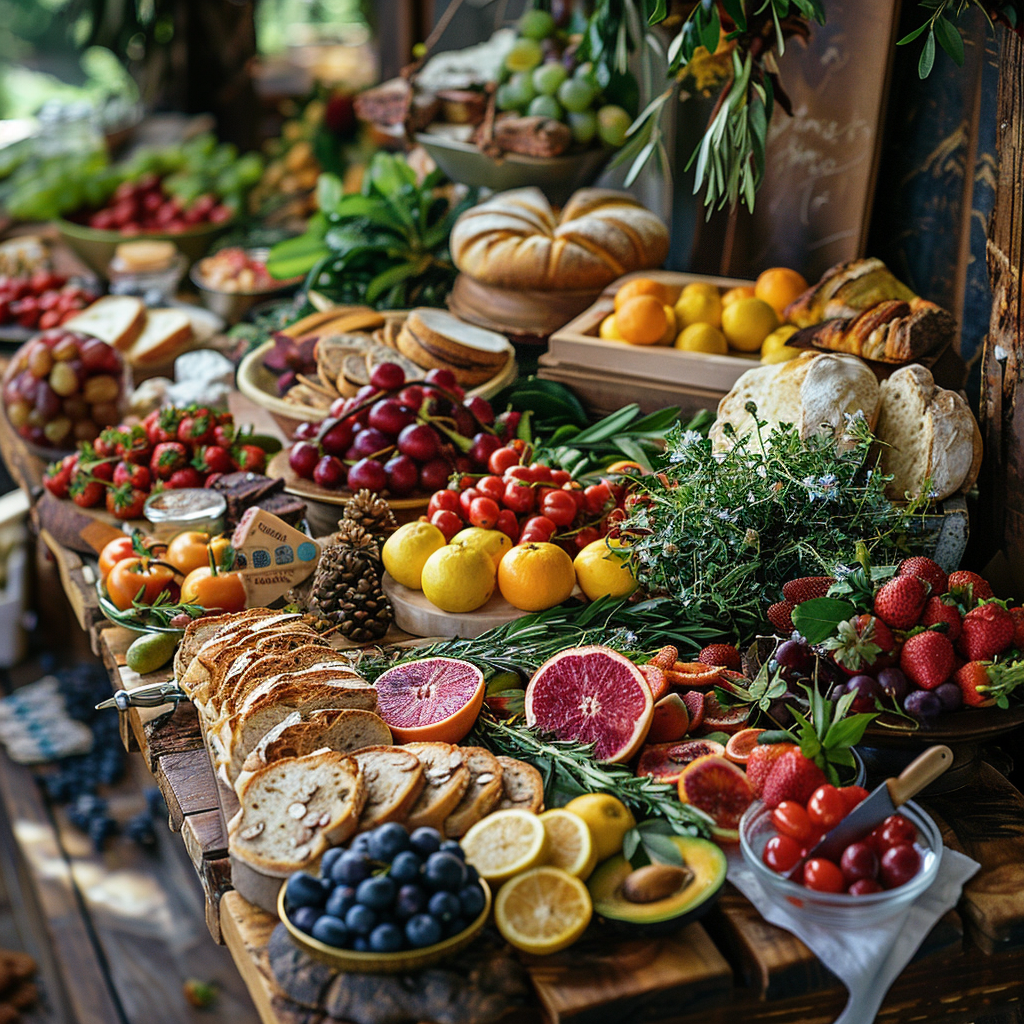 Seasonal catering spread with fresh produce, pastries, and styled serving details