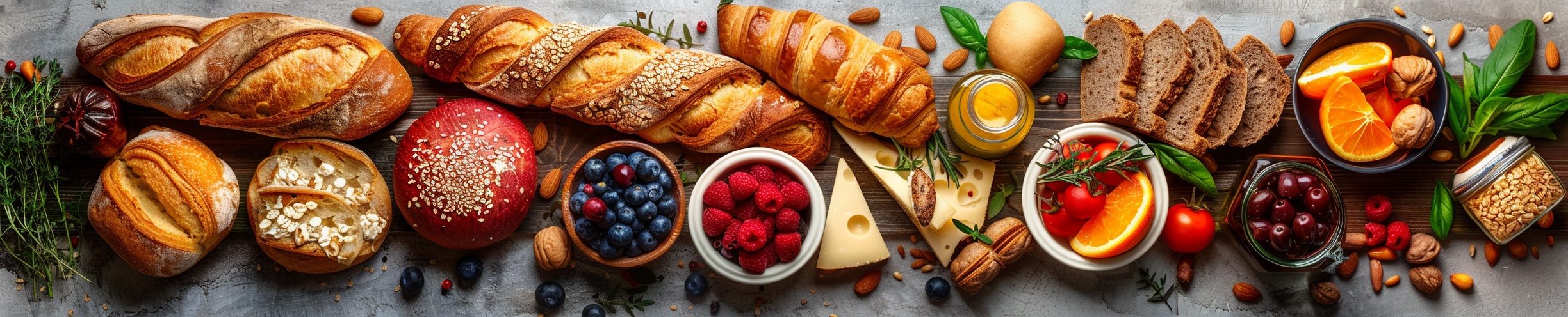 Thin banner showing artisan pastries, breads, deli details, and mountain-inspired bakery styling