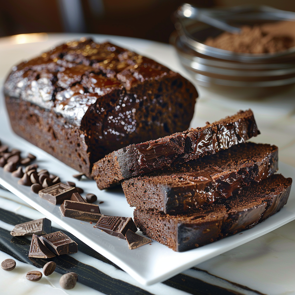 Dark chocolate rye loaf with rich cocoa tones and chocolate pockets on a white square plate with blurred cocoa and grains in the background.
