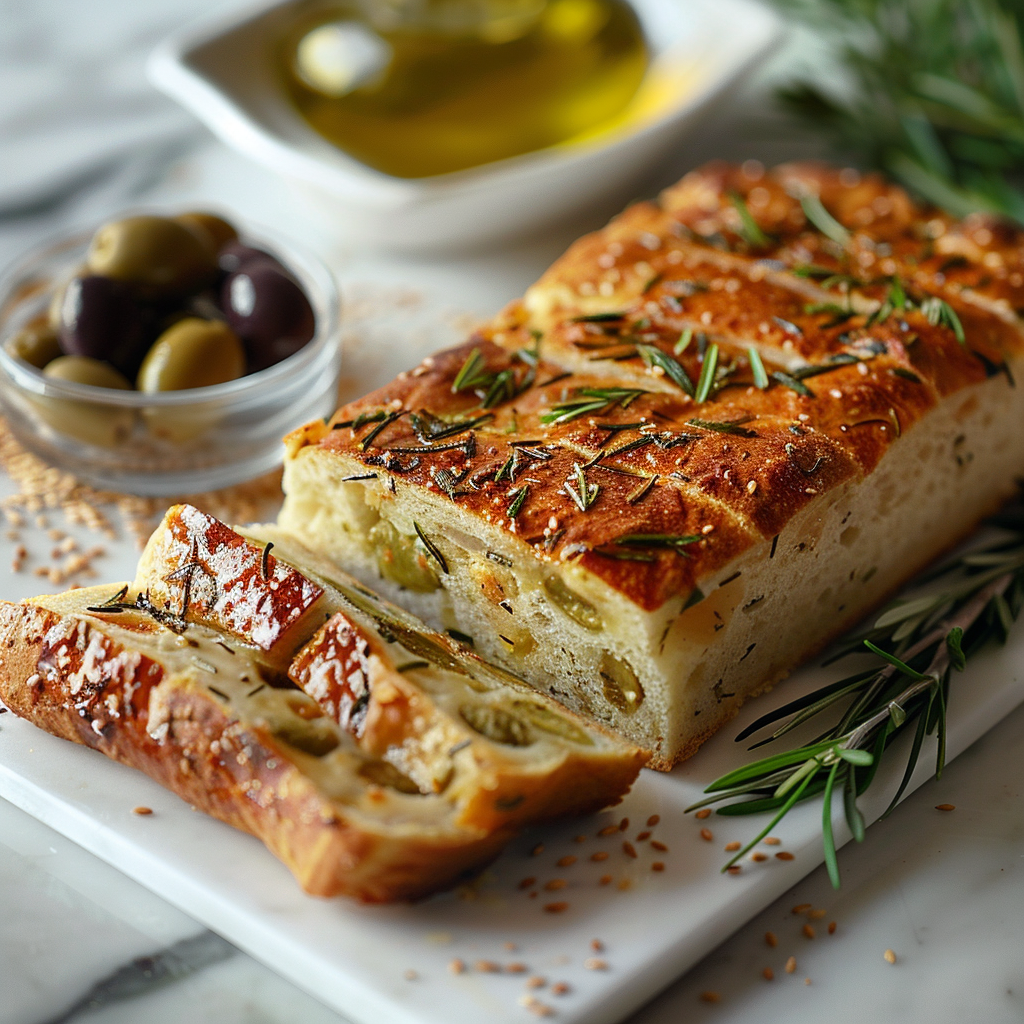 Olive and Rosemary Alpine loaf with olives and herbs on a white square plate with blurred rosemary, olives, and olive oil in the background.
