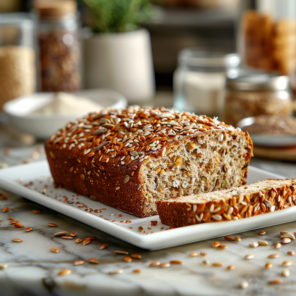 Rustic seeded country loaf with mixed seeds on a white square plate with blurred grains and seeds in the background.