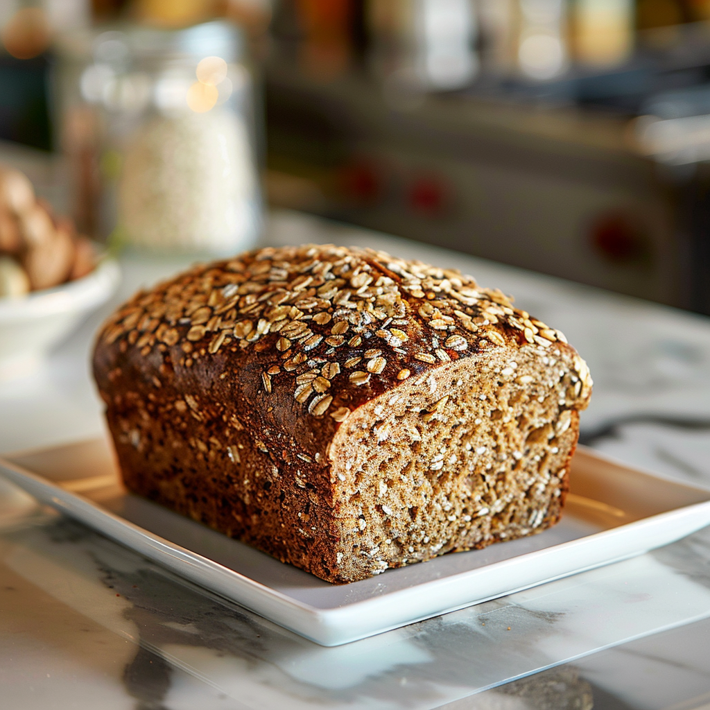 Multigrain mountain hearth loaf with grains and seeds on a white square plate with blurred grains in the background.