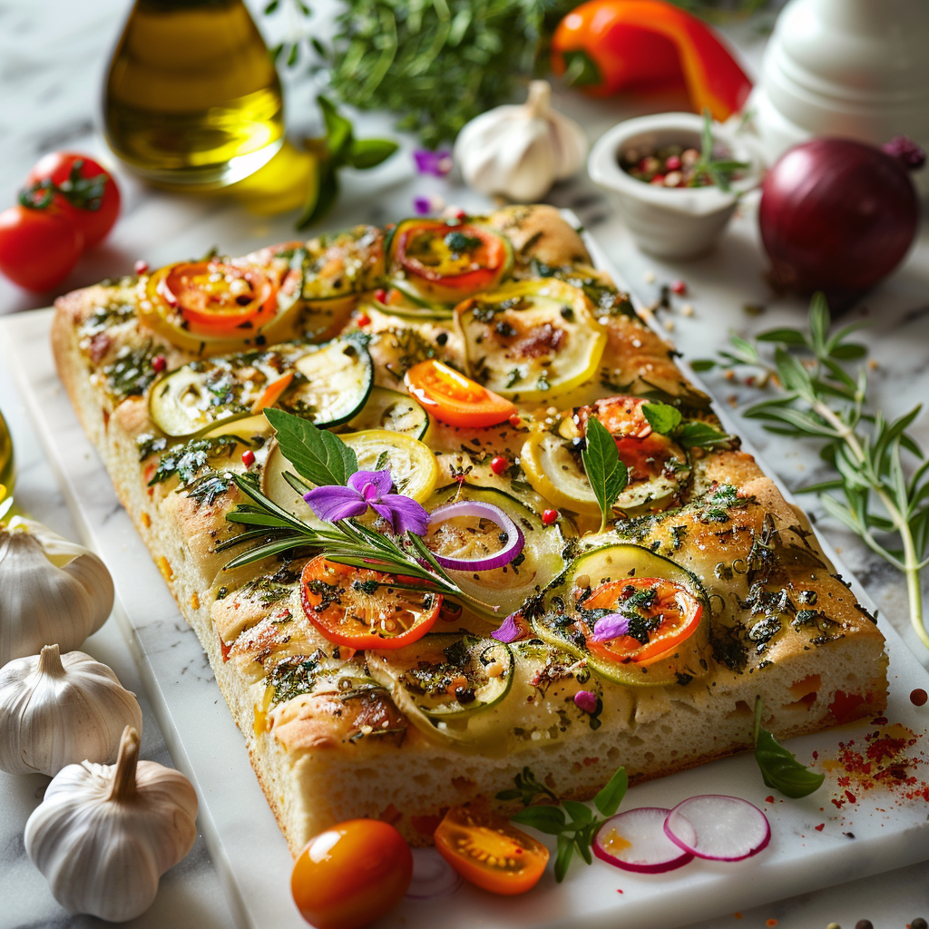 Artistic garden focaccia with vegetables and herbs arranged like flowers on a white square plate with blurred fresh produce in the background.