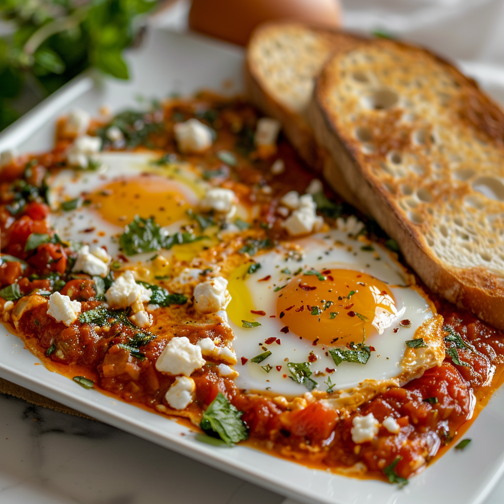 Shakshuka with roasted tomato, harissa, feta, herbs, and sourdough toast.