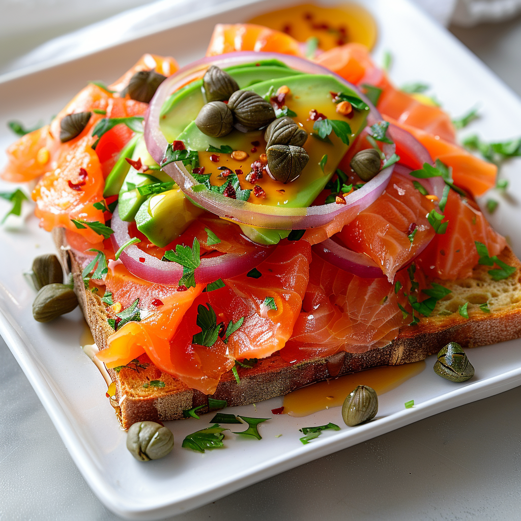 Smoked salmon tartine with avocado, chili honey, capers, and herbs on sourdough.