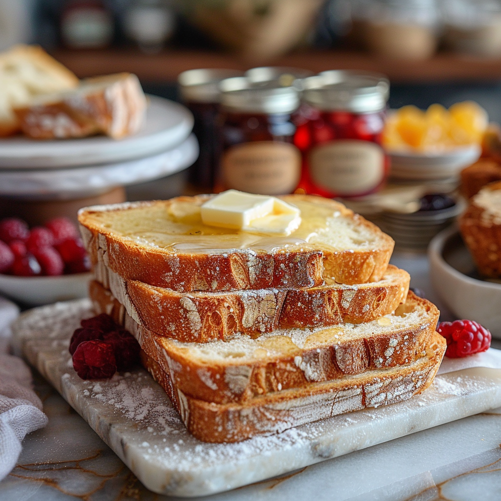 Toasted artisan sourdough with butter and jam.
