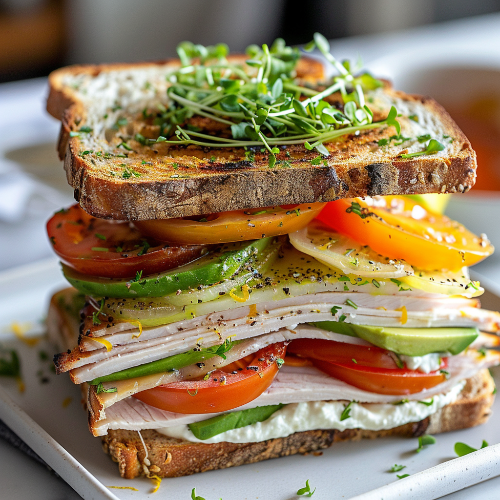 Summit Turkey sandwich with herb-roasted turkey, whipped ricotta, wildflower honey mustard, preserved lemon aioli, sliced avocado, thick slices of colorful heirloom tomatos, shaved fennel, microgreens, and crispy shallots on a white square plate.