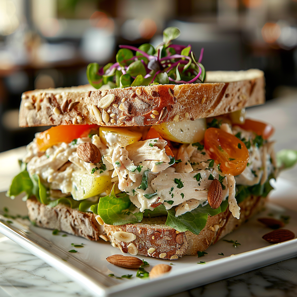 Chicken salad baguette sandwich with chopped grapes and apricots, almonds, apple slices, purple and green heirloom tomatoes, and greens on a fresh baguette.