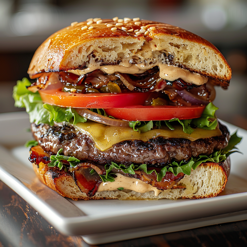 Wagyu burger with cheddar, caramelized onions, roasted garlic aioli, heirloom tomato, and greens on brioche.