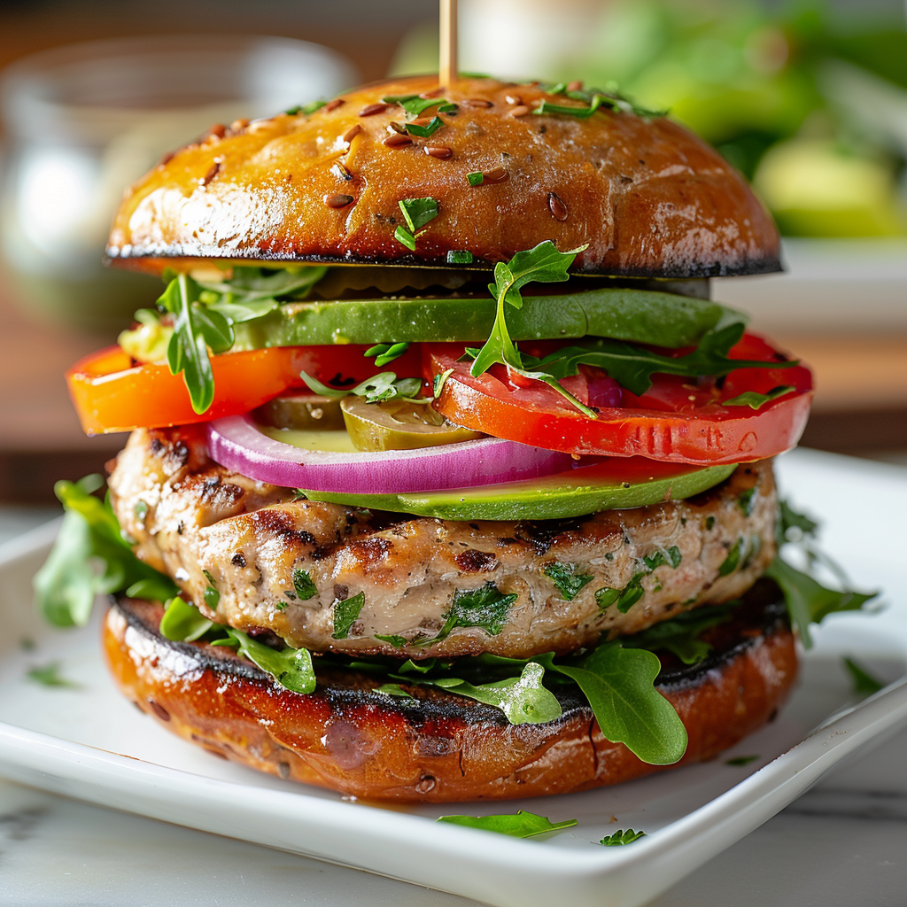 Turkey burger with avocado, roasted peppers, purple and green heirloom tomatoes, greens, pickled onions, and herb aioli on brioche.