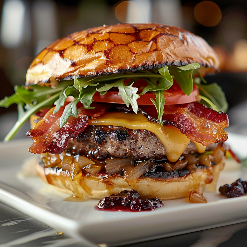 High Sierra Bison Burger with aged alpine cheddar, maple bacon, caramelized onions, blackberry huckleberry aioli, roasted garlic jam, arugula, and tomato on a white square plate.