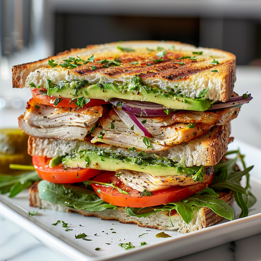 Roasted Chicken Herb Aioli sandwich with herb-roasted chicken, rosemary garlic aioli, avocado, heirloom tomato, arugula, and pickled red onions on a white square plate.