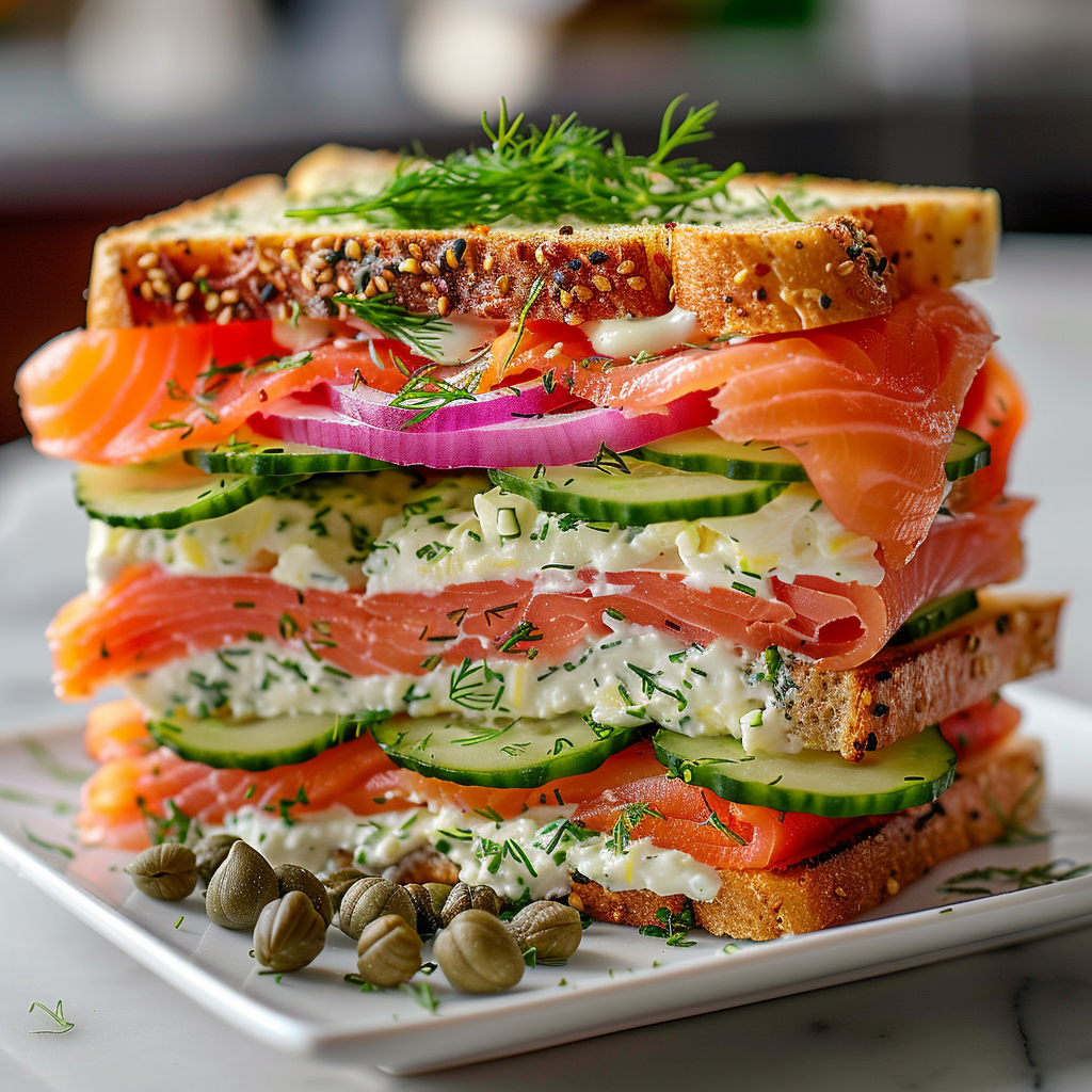 Smoked Salmon Alpine sandwich with dill cream cheese, cucumber ribbons, capers, pickled red onions, lemon zest, and herbs on a white square plate.