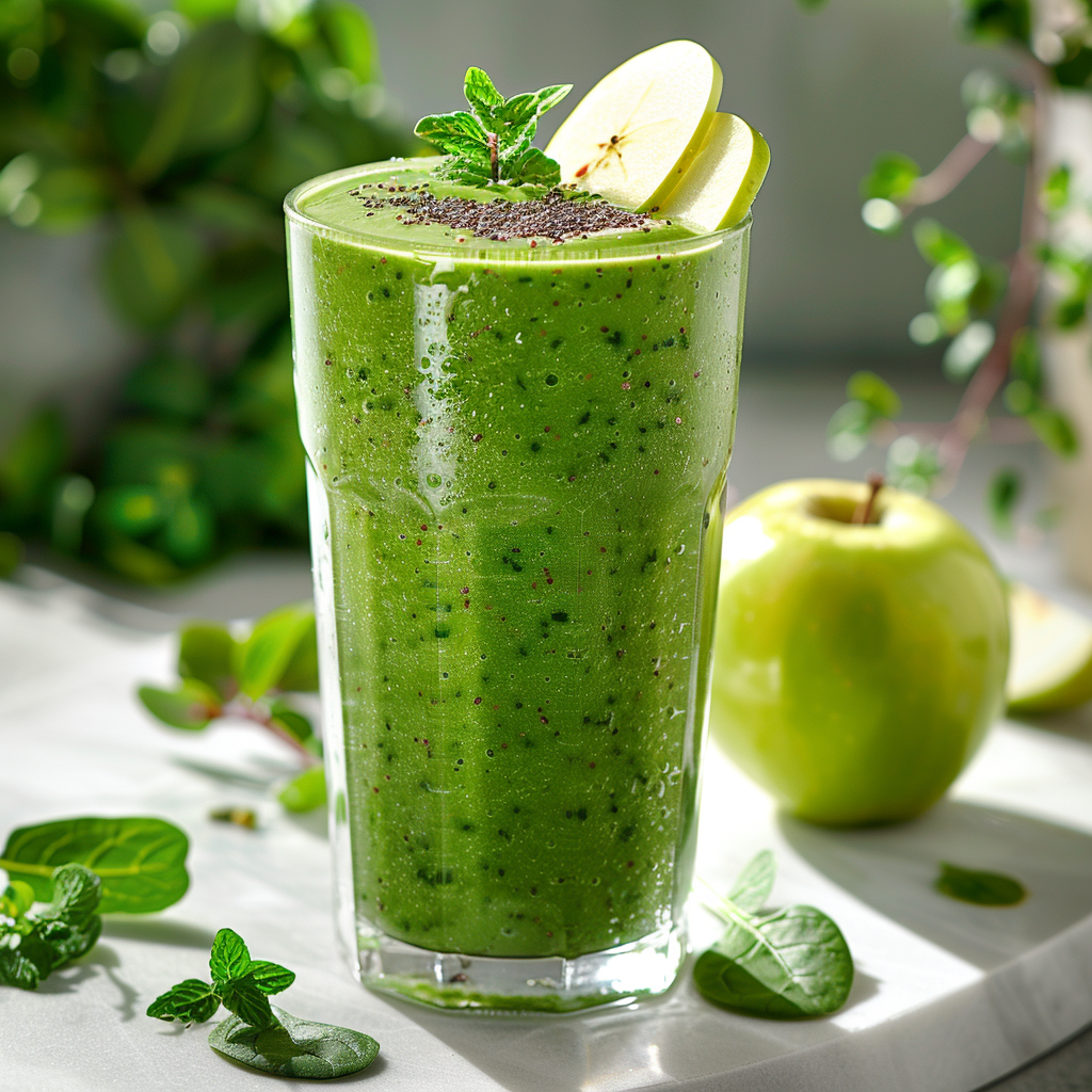 Alpine Green Smoothie with greens, apple, and fresh herbs.