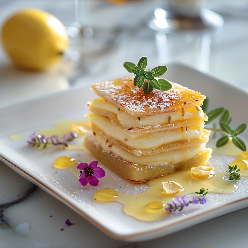 Golden Yuzu Chamomile Mille-Feuille plated dessert