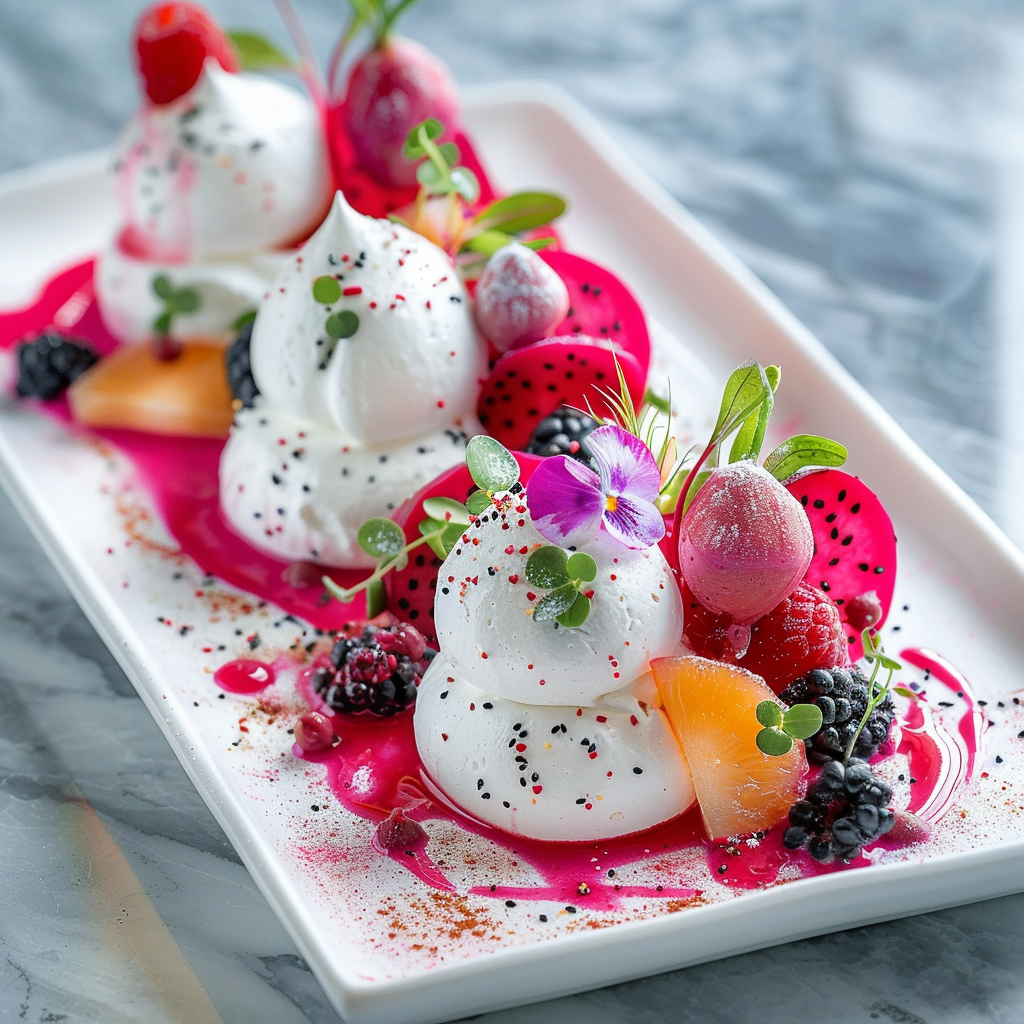 Dragon Fruit Vanilla Orchid Pavlova plated dessert