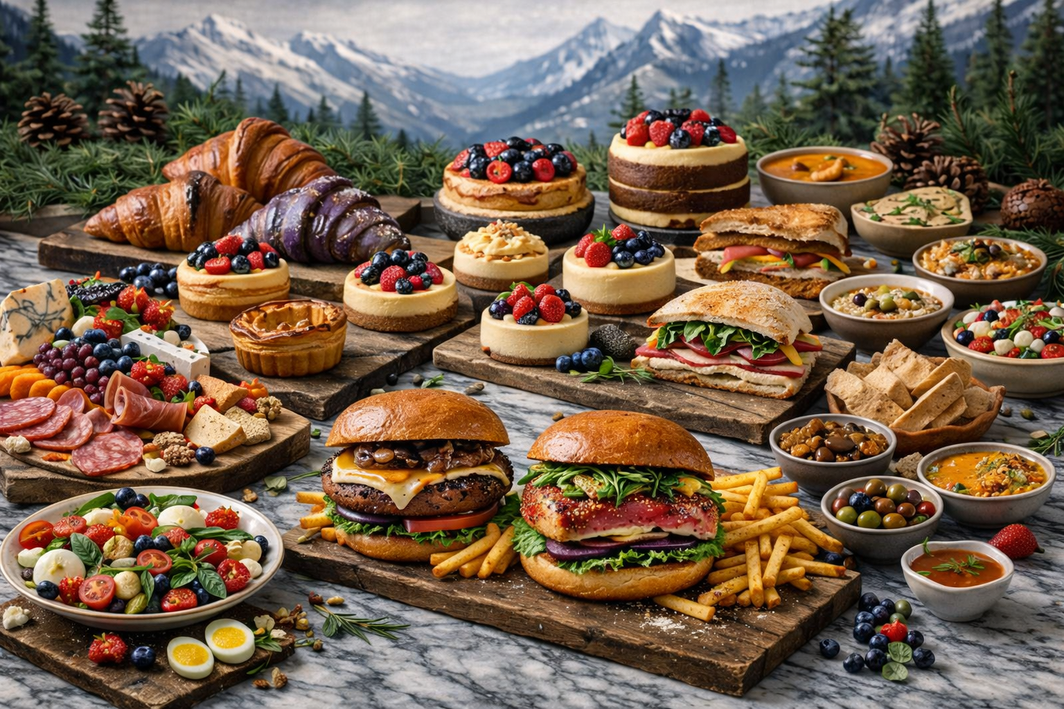 Signature bakery spread with pastries fruit and color