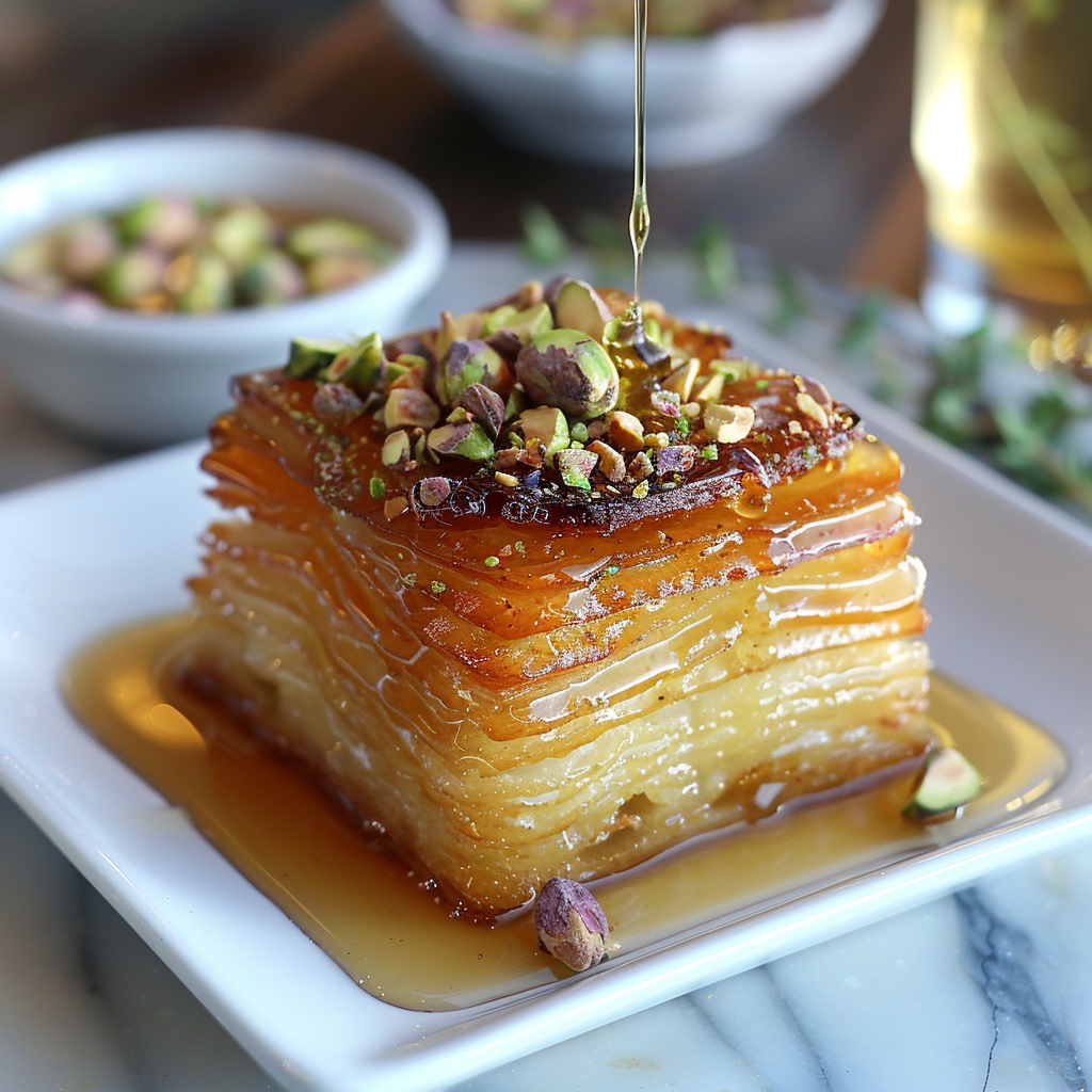 Caramelized kouign-amann with honey glaze and pistachios on a white square plate.