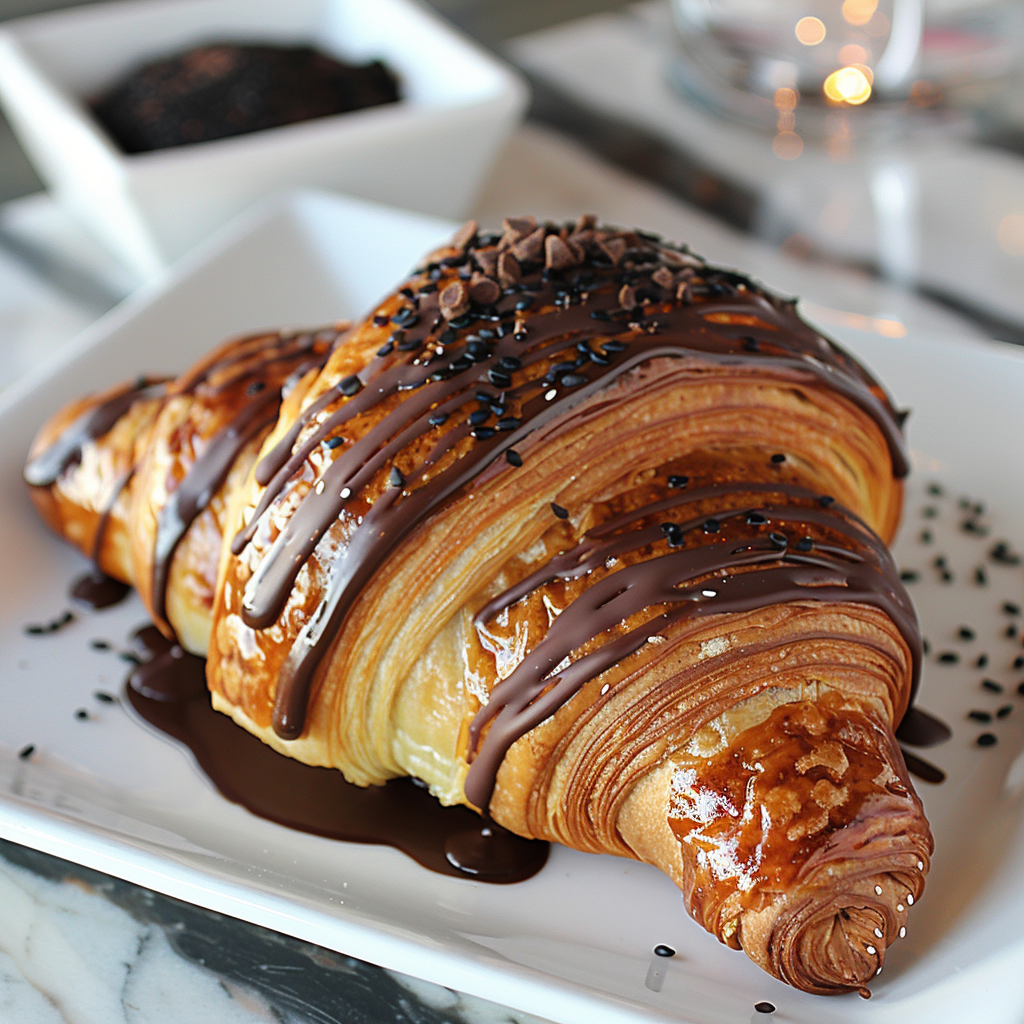 Flaky croissant with dark chocolate and black sesame filling on a white square plate.