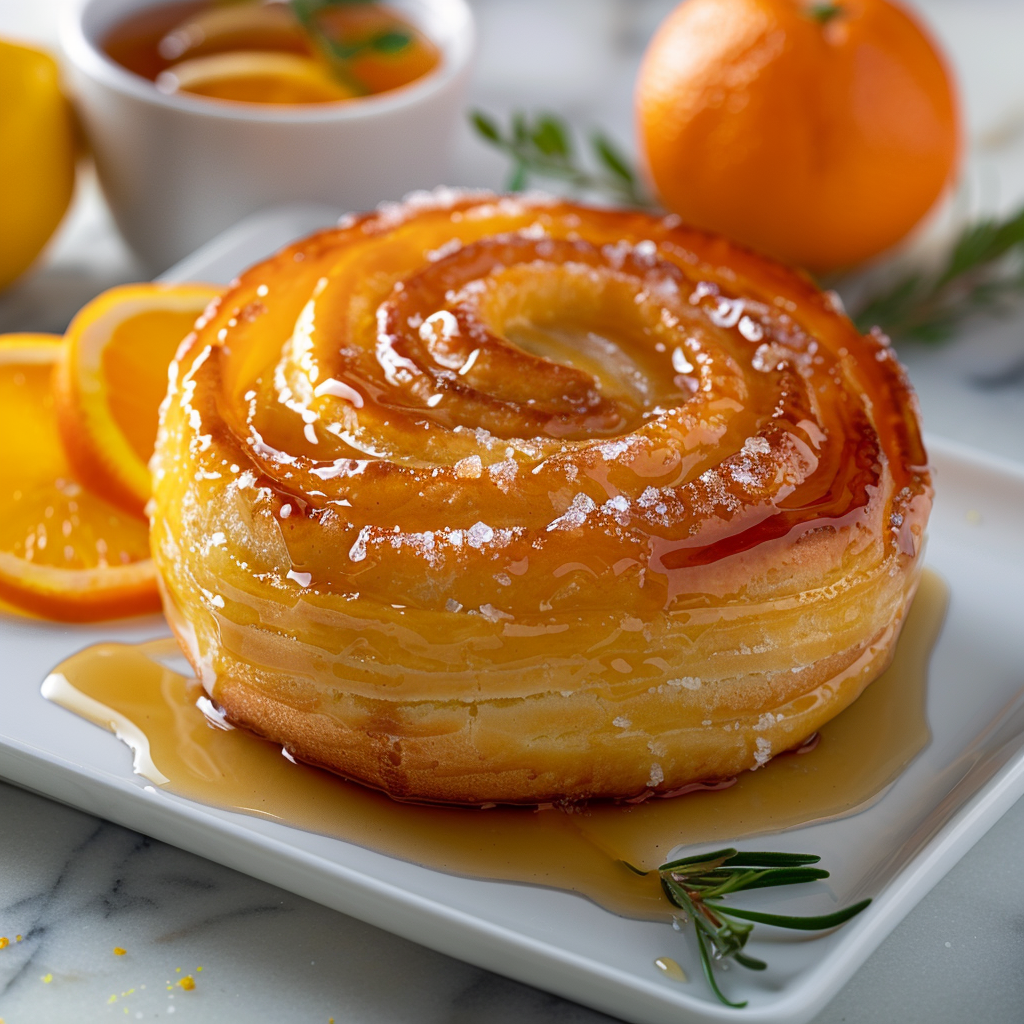 Golden morning bun with citrus glaze and sugar crust on a white square plate.