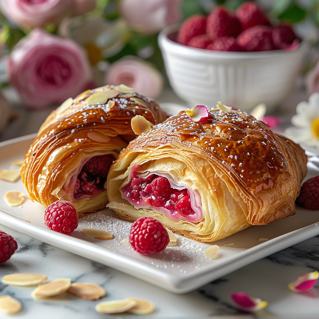 Croissant with raspberry filling, almond cream and rose petals on a white square plate.