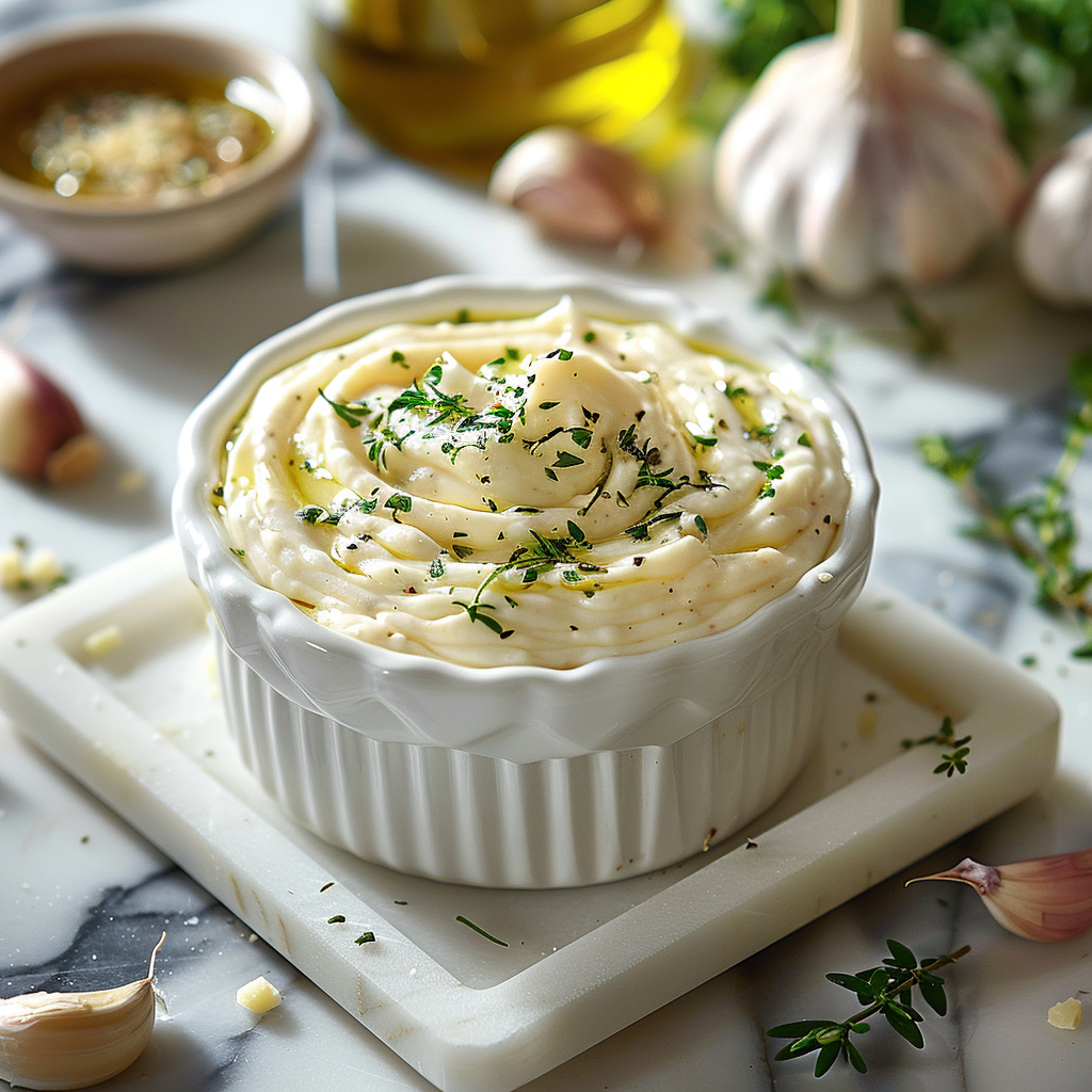 Garlic herb aioli in a small dish.