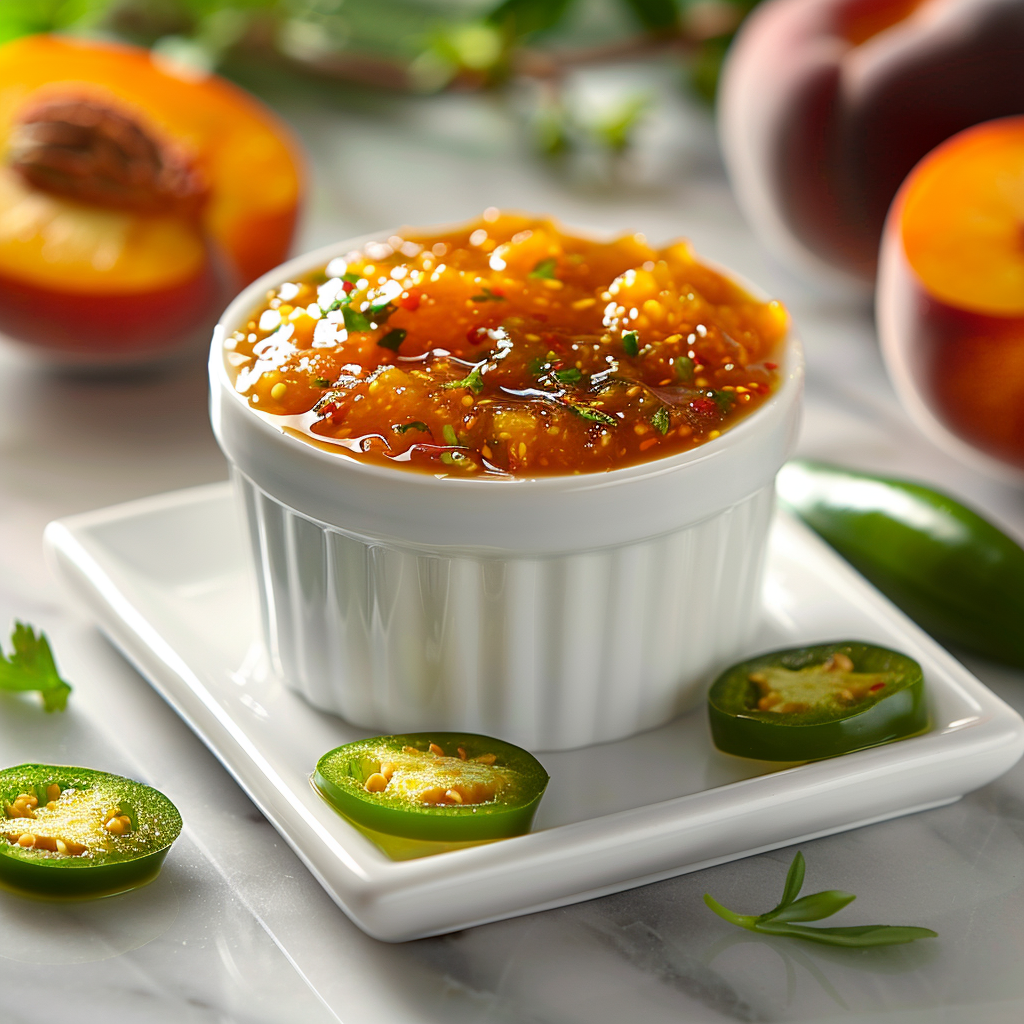 Peach jalapeno jam in a dish.