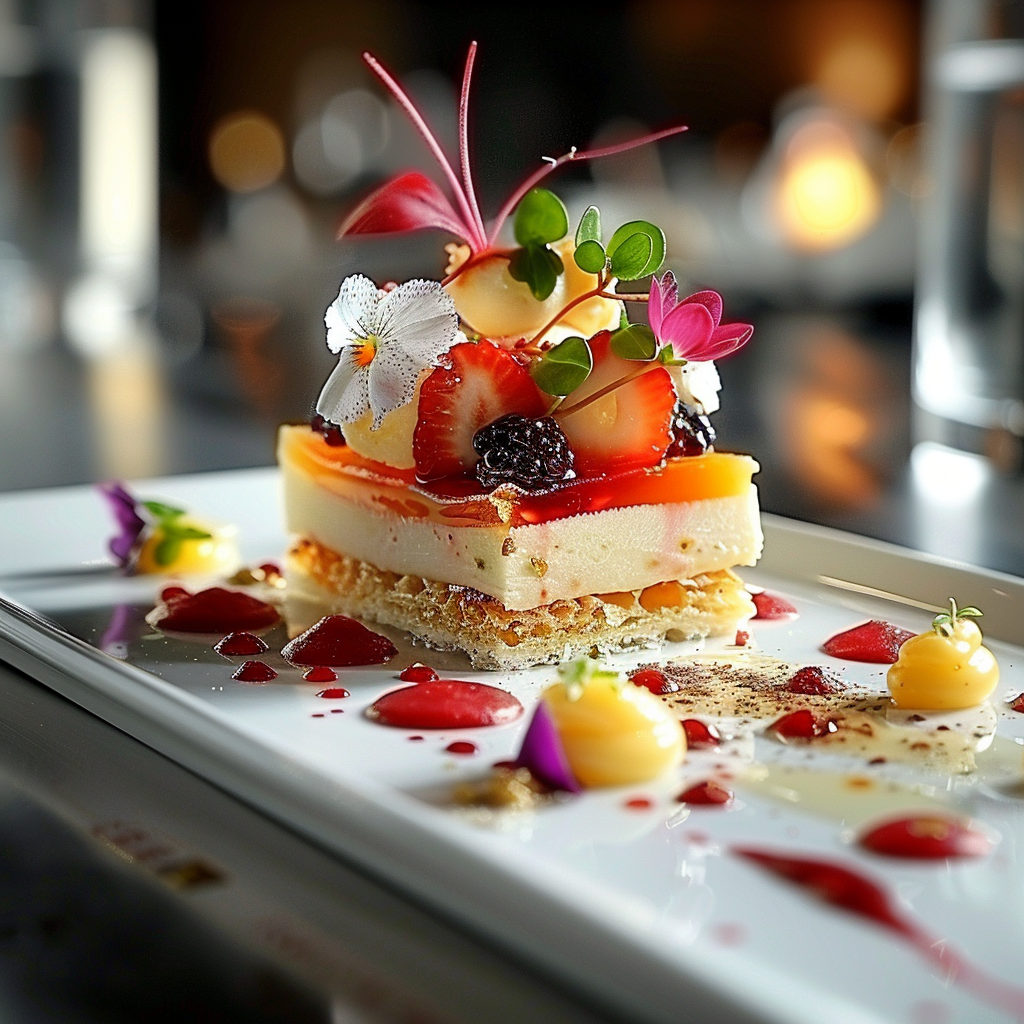 Modern experimental pastry with artistic plating and bold textures