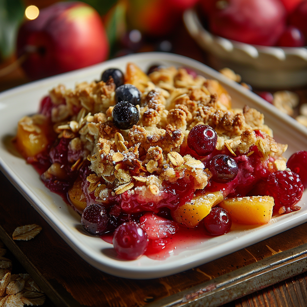 Alpine fruit crumble with golden topping and warm fruit filling