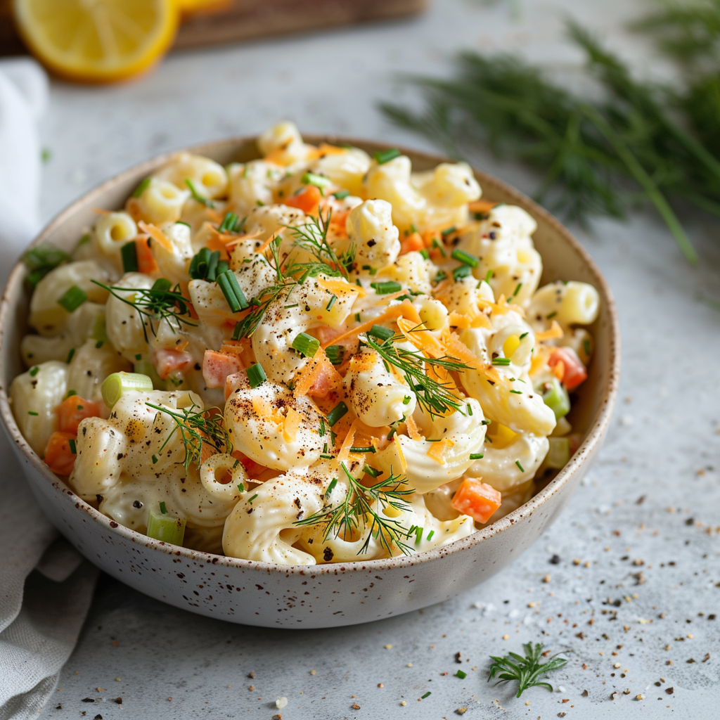 Creamy macaroni and potato salad mixed together with herbs and vegetables on a white ceramic plate.
