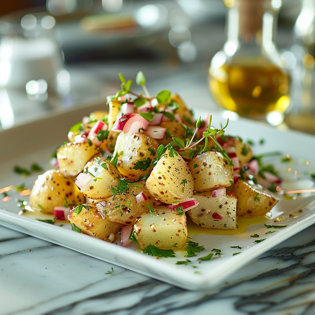 Gourmet potato salad with herbs, mustard dressing, and colorful vegetables on a white plate.