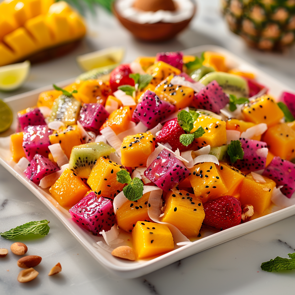 Colorful tropical fruit salad with mango, papaya, pineapple, strawberry, dragon fruit, coconut, banana chips, macadamia nuts, and mint on a white square plate.