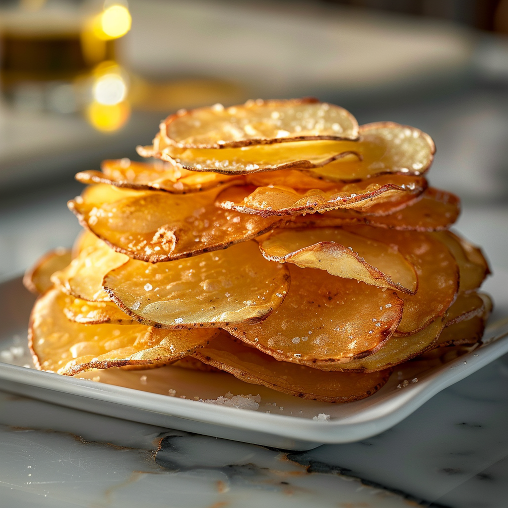 Fresh potato chips on a white plate.