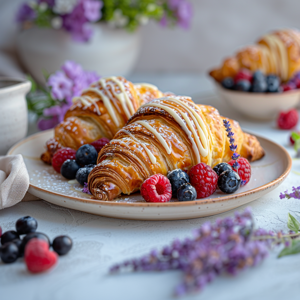 Sierra Wild Berry Lavender Croissant with white chocolate drizzle, fresh berries, lavender, and sparkling sugar crystals