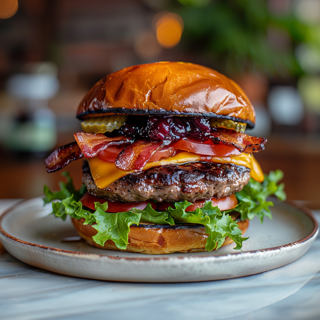 High Sierra Bison Burger with blackberry huckleberry aioli, maple bacon, greens, and tomato