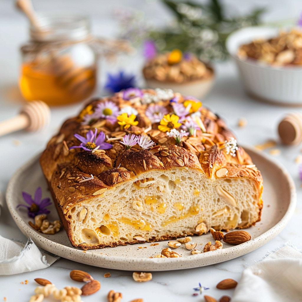 Wildflower Honey Sourdough with baked edible flowers, toasted nuts, and golden honey