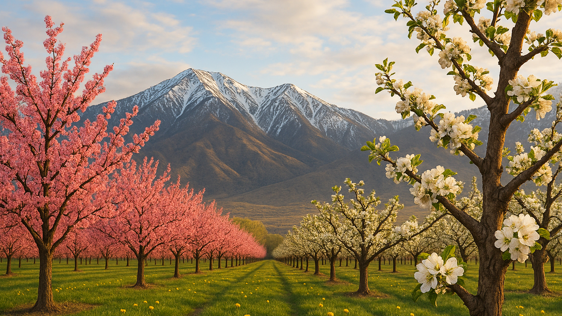 Orchard with sunlight and blossoms