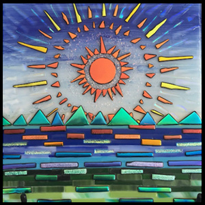 JeIl of the Sierra Sunset, Dichroic Glass Art for Sale, 12 in x 12 in Lake Tahoe Themed.
