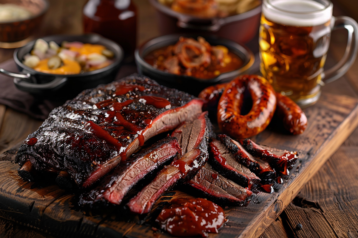BBQ platter on rustic table with warm patio glow