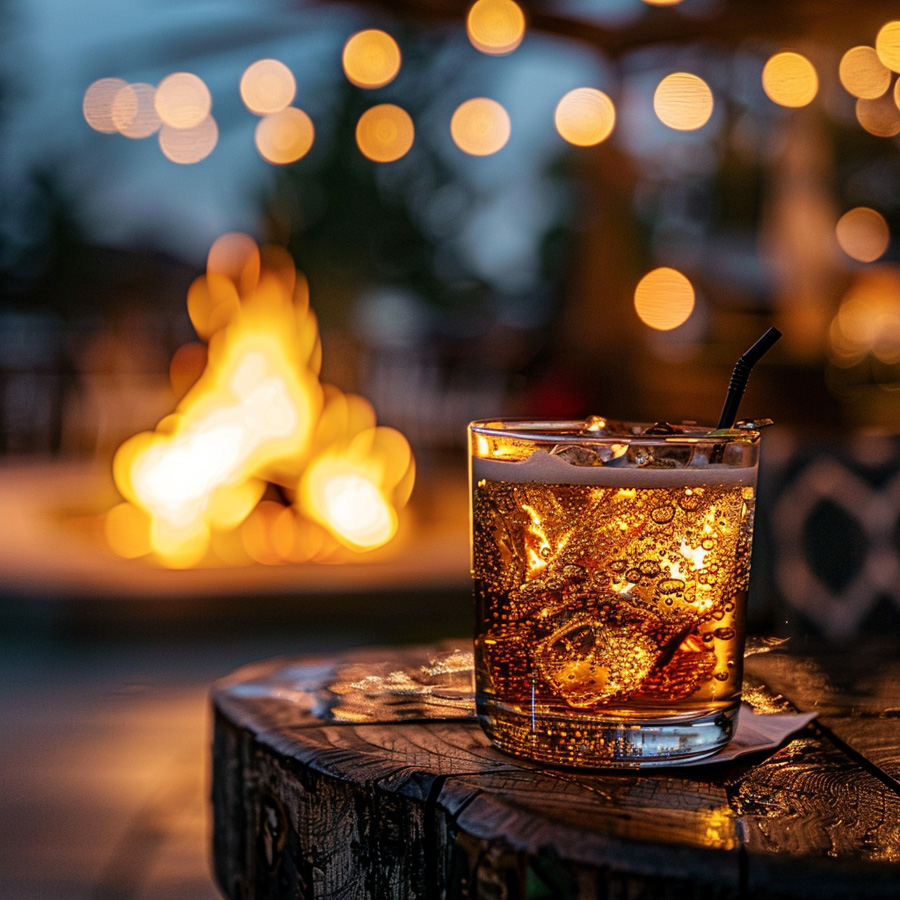 Craft drink with firelight blur