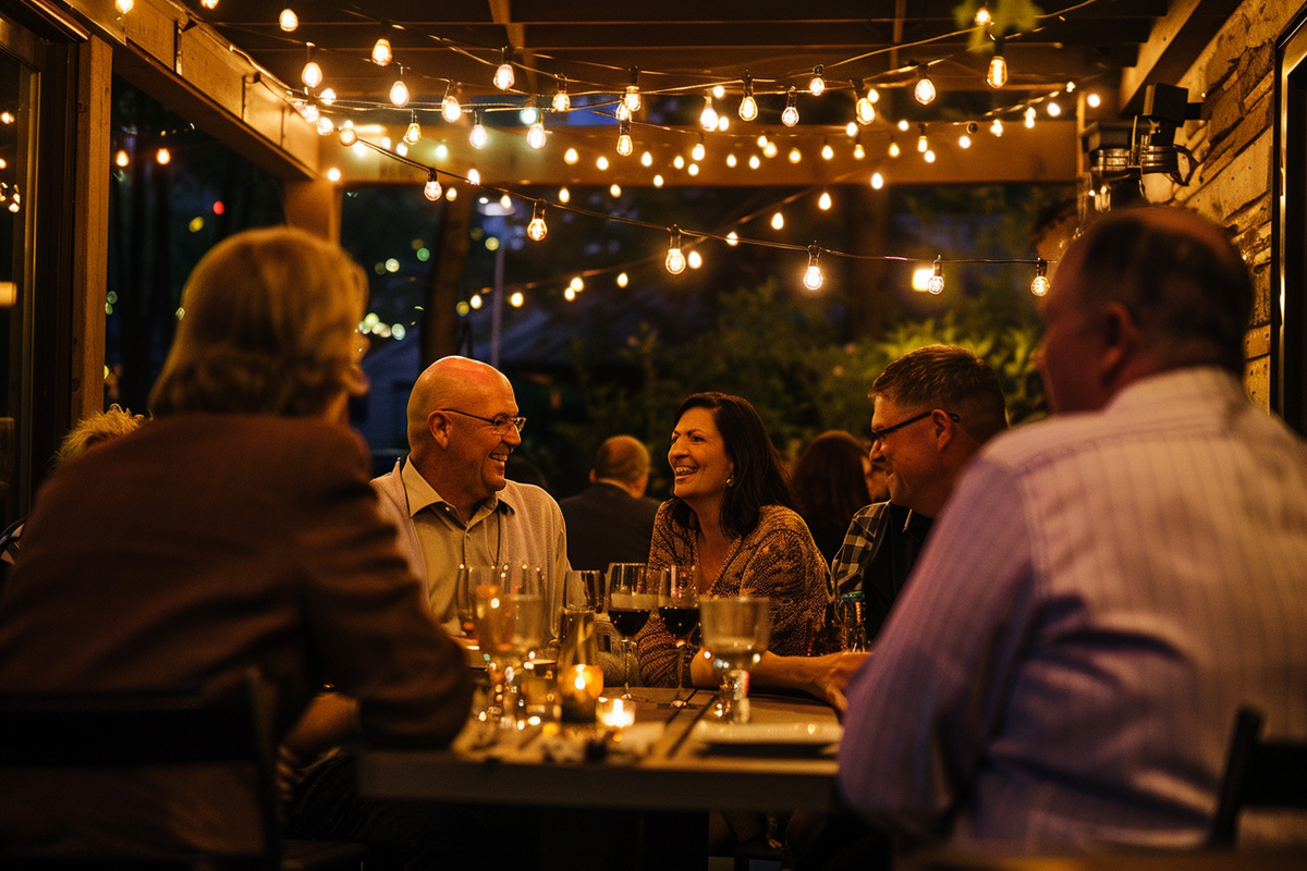 Guests enjoying a relaxed outdoor dinner