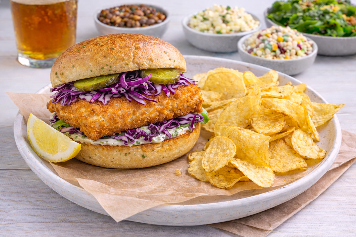 Fried fish sandwich with smoked tartar sauce