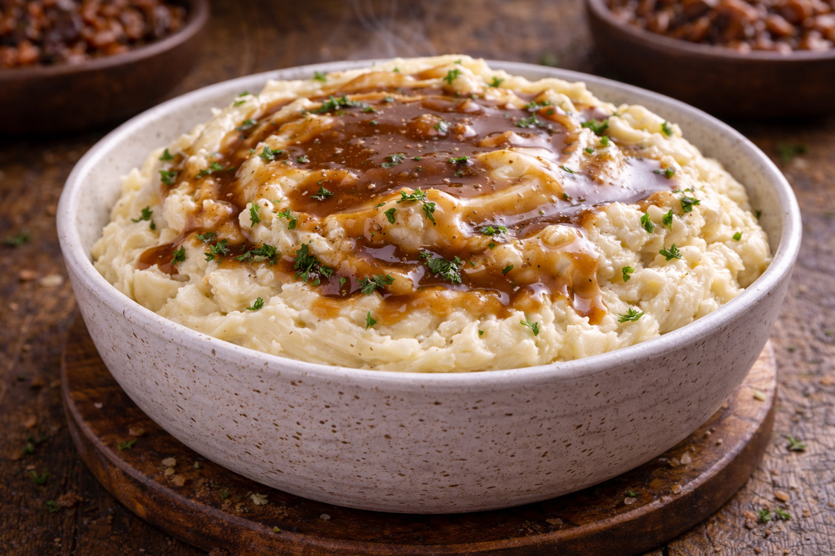 Garlic whipped mashed potatoes with gravy