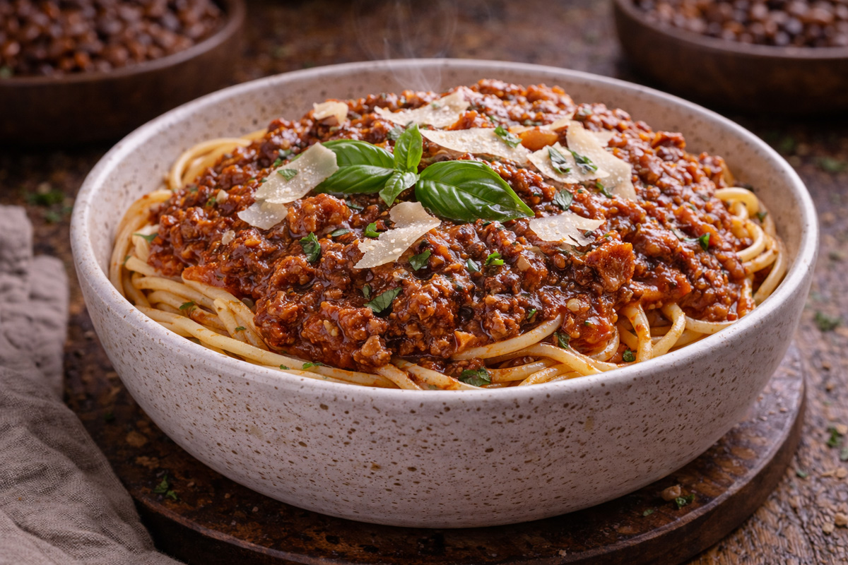 Spaghetti bolognese with parmesan and basil